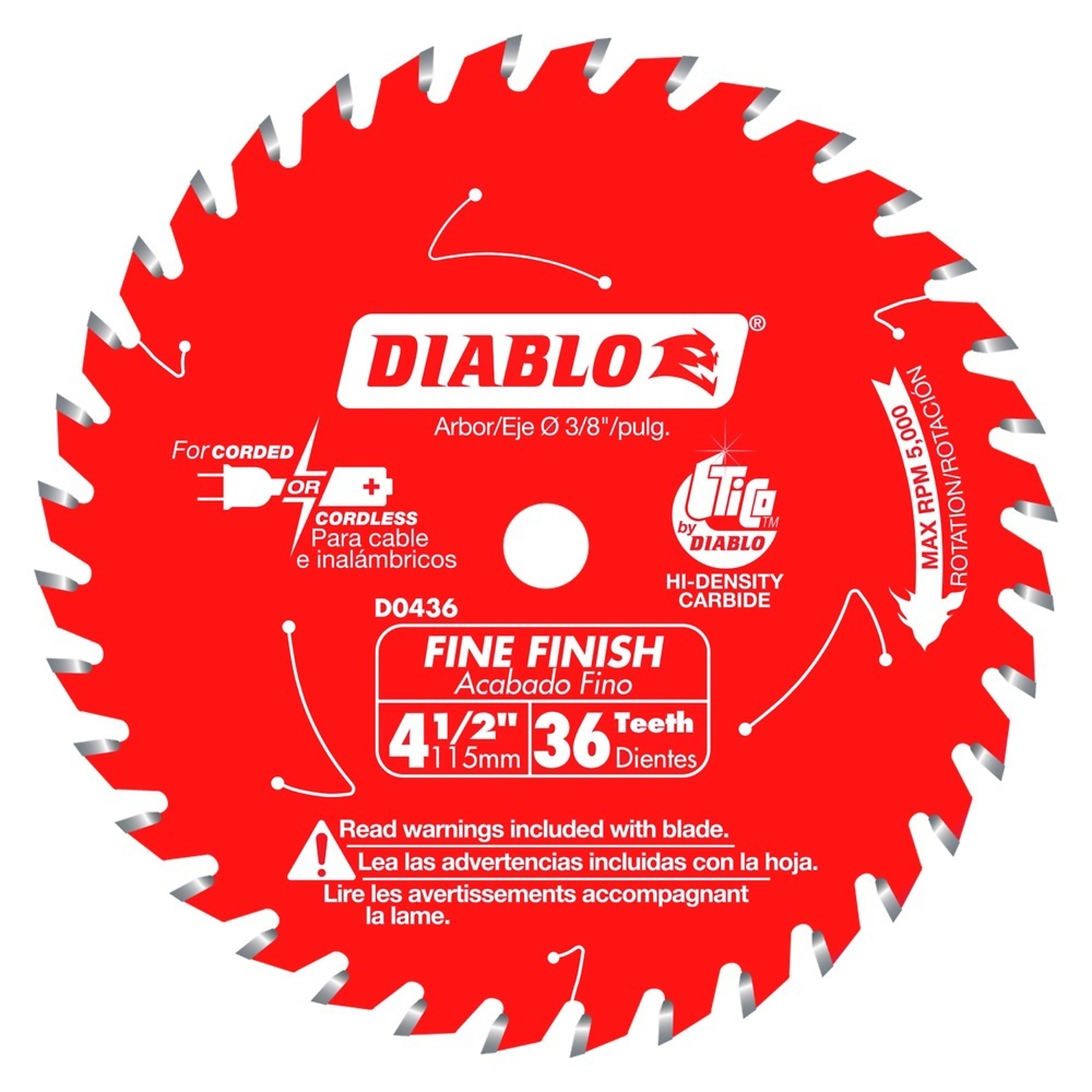Diablo, 4 1/2x 36 Fine Finish Blade, Blade Diameter 4 1/2 in, Teeth Per Inch 36 TPI, Included (qty.) 1, Model# D0436X